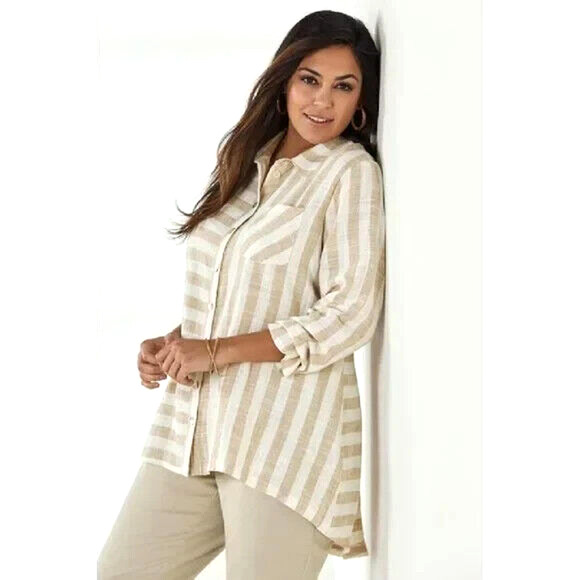 Soft Surroundings Size L Camina Linen Blend Tunic Stripe Cream Brown - Picture 2 of 11